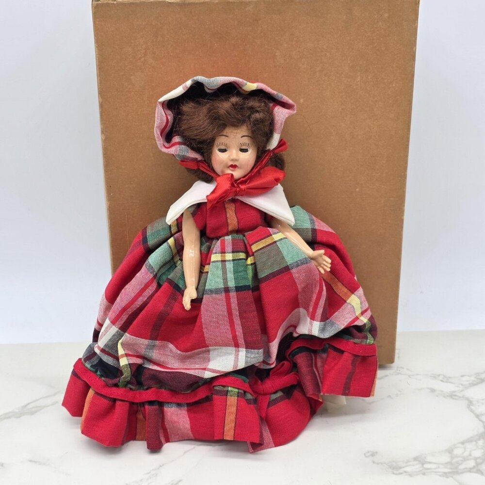 Vintage Southern Belle Doll Red Tartan Plaid Dress Bonnet Boxed Holiday Decor